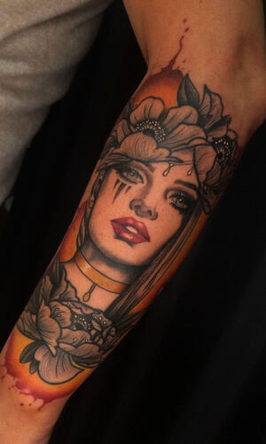 Neo-traditional Lady with Flowers Tattoo