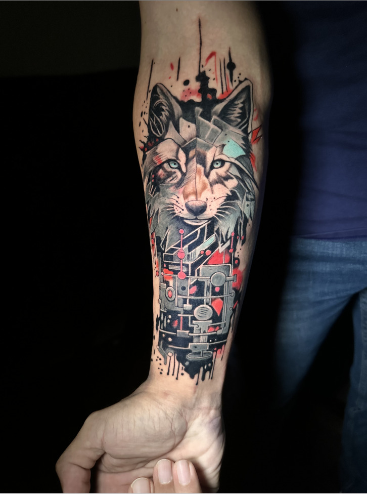 Color wolf tattoo in trash polka and geometric style